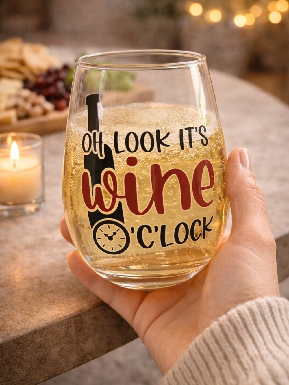 Oh Look It's Wine O'Clock Stemless Wine Glass - Red Print